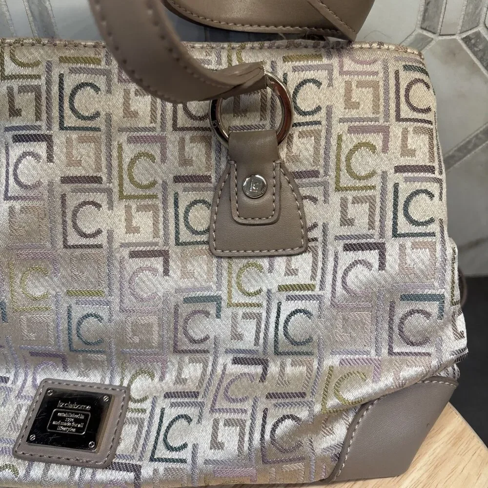 Vintage Liz Claiborne Handbag Beige Silver Two Handle Monogram Satchel Y2K